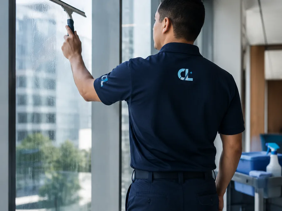 Limpieza de cristales en un edificio de oficinas